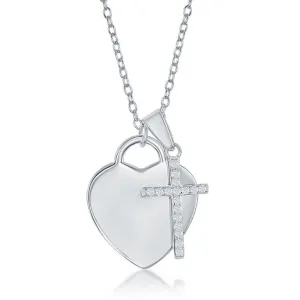 Sterling Silver Shiny Heart with Small CZ Cross Necklace