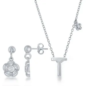 Sterling Silver Shiny "T" Necklace and Earrings Set