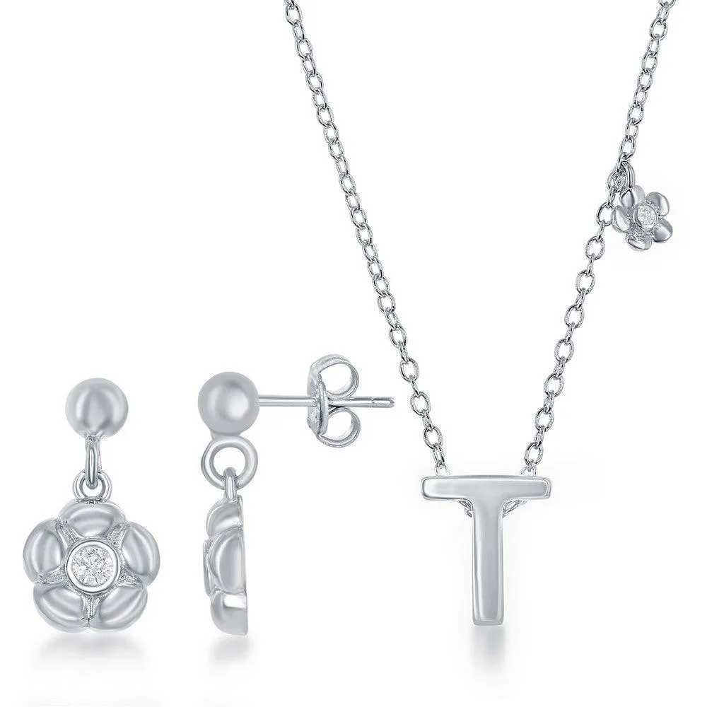Sterling Silver Shiny "T" Necklace and Earrings Set