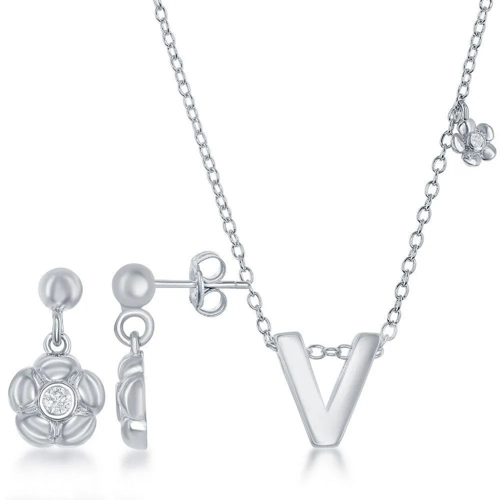 Sterling Silver Shiny "V" Necklace and Earrings Set