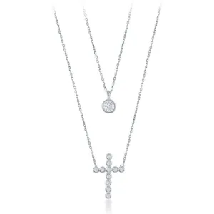 Sterling Silver Small CZ and Beaded Cross Double Strand Necklace