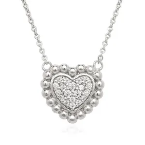 Sterling Silver Small CZ Heart with Beaded Border Necklace