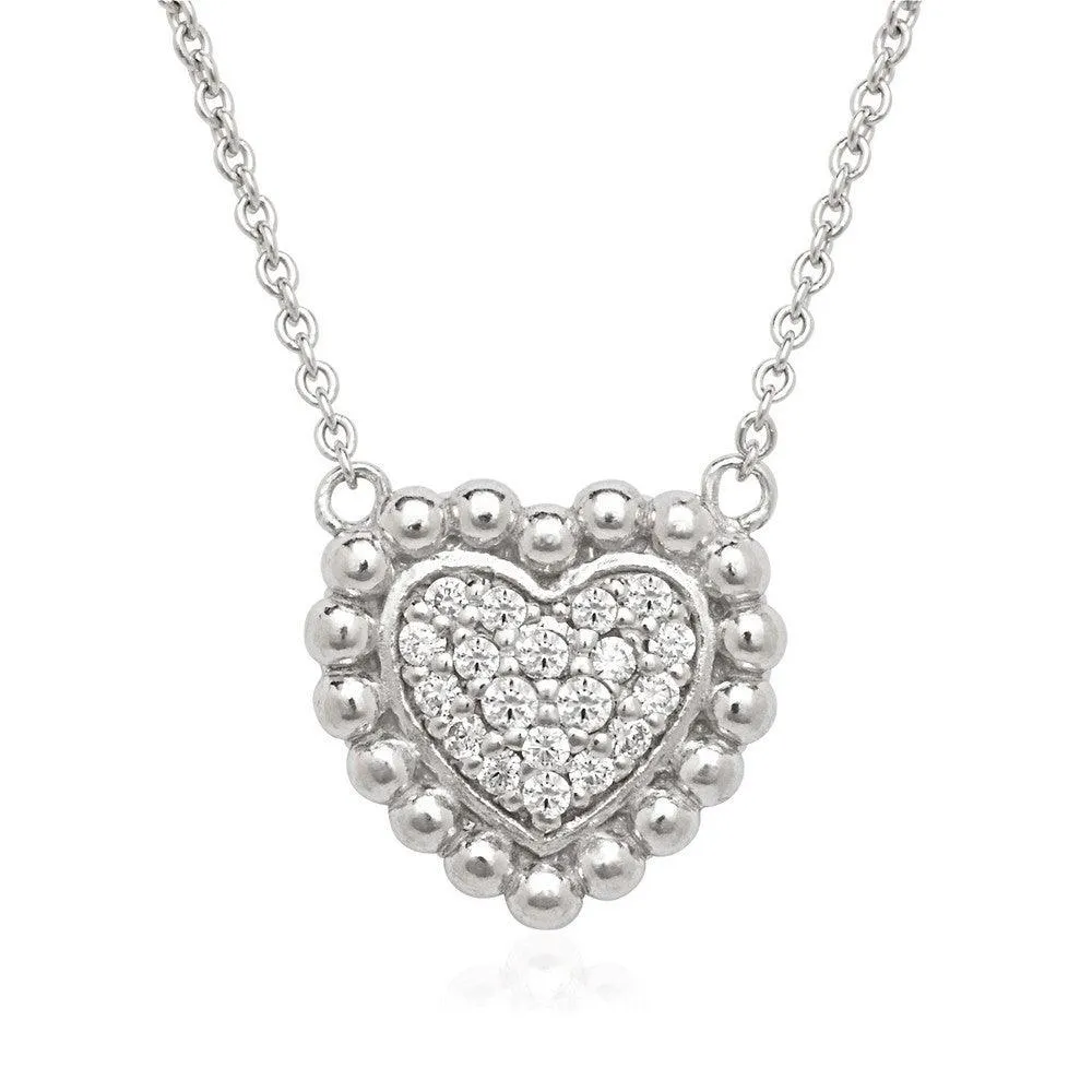 Sterling Silver Small CZ Heart with Beaded Border Necklace