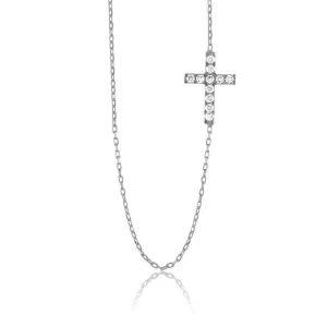 Sterling Silver Small CZ Sideways Cross Necklace