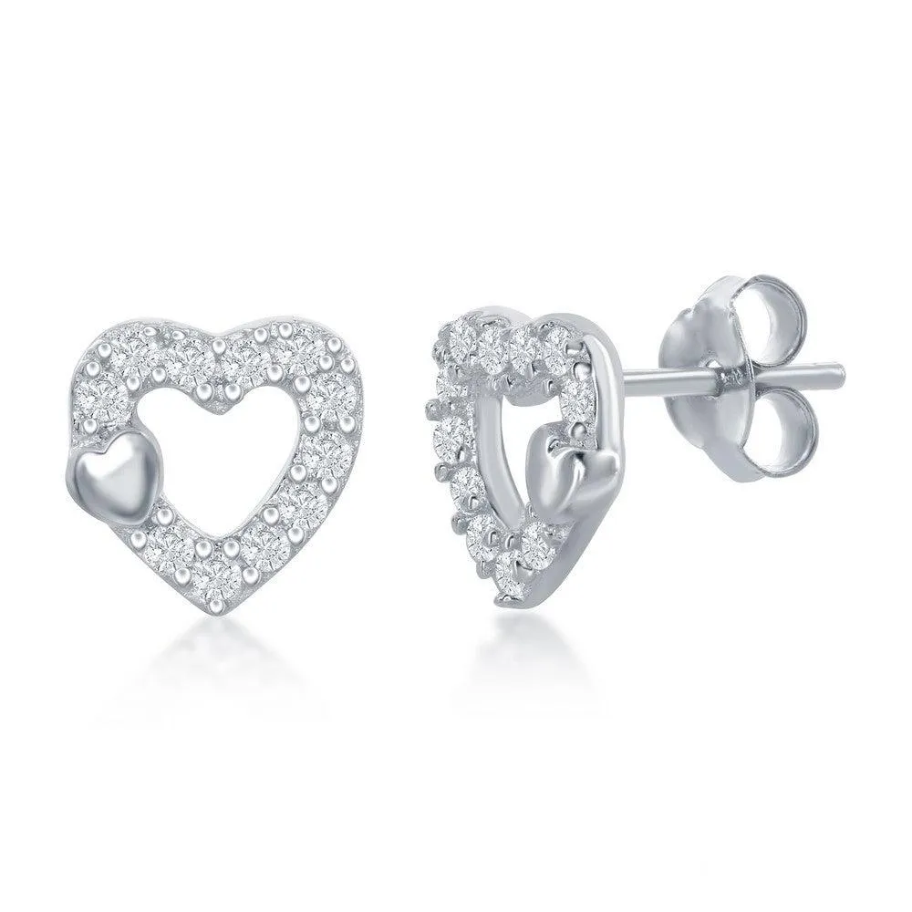 Sterling Silver Small Open CZ Heart Necklace and Earrings Set