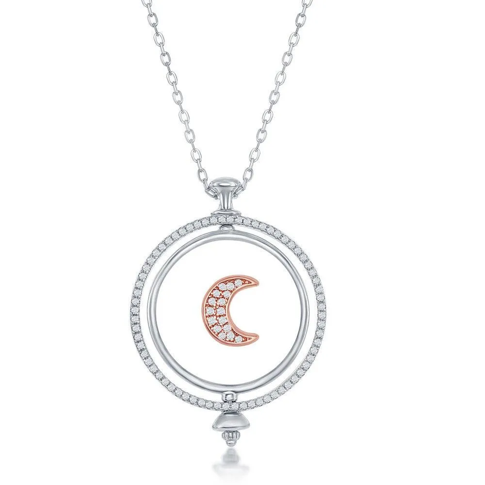 Sterling Silver Spinning Disc Crescent Moon with CZ Necklace