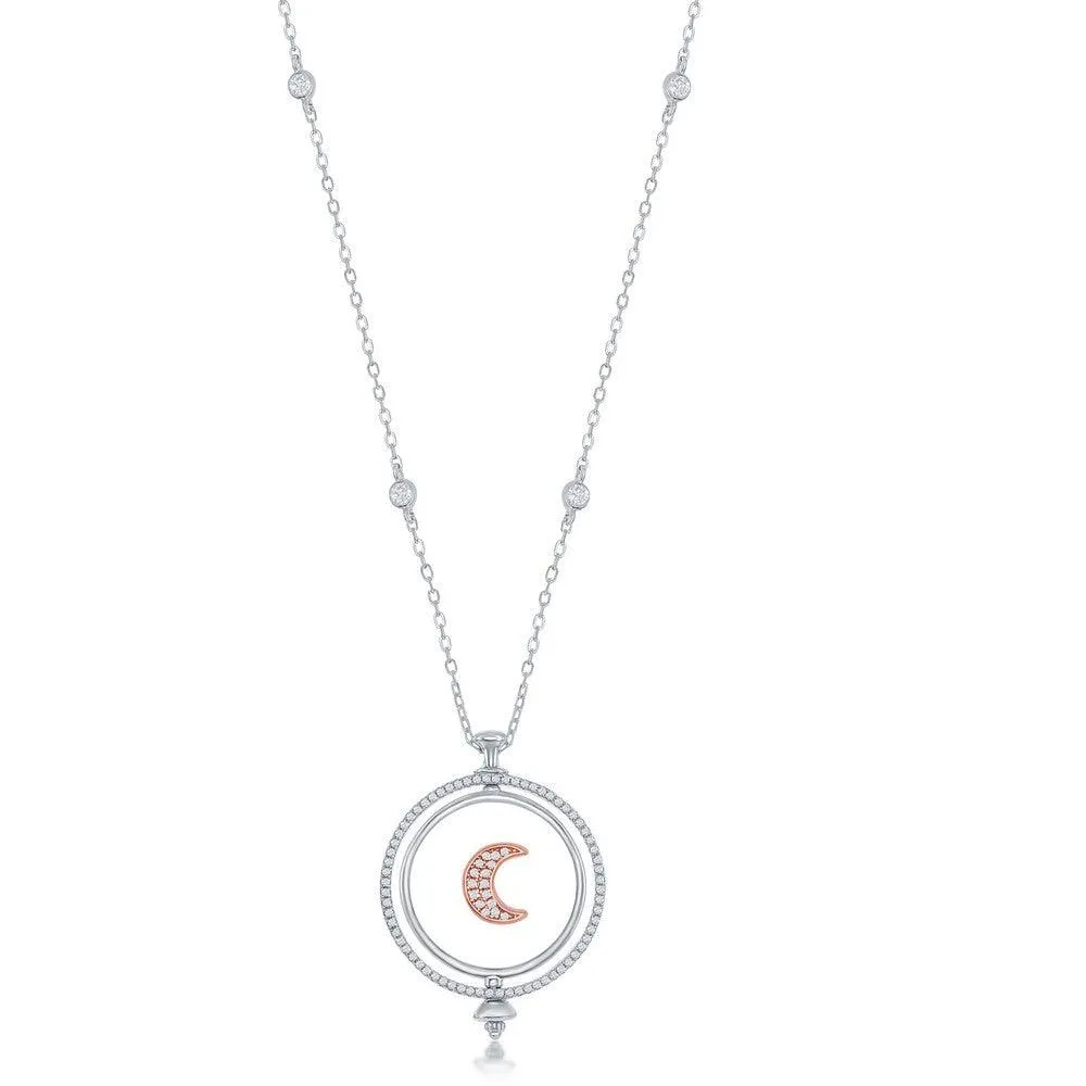 Sterling Silver Spinning Disc Crescent Moon with CZ Necklace
