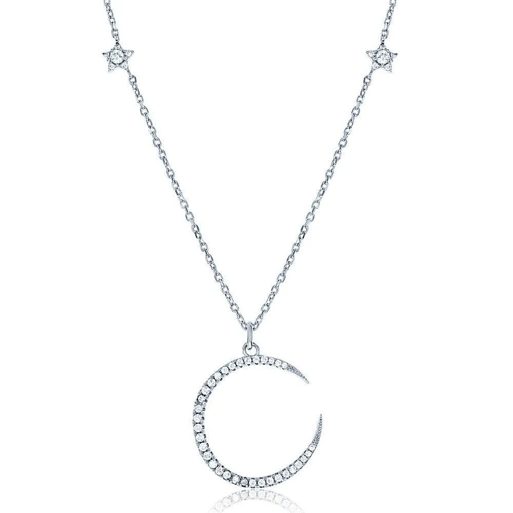 Sterling Silver Thin CZ Crescent with Small CZ Stars Necklace