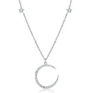 Sterling Silver Thin CZ Crescent with Small CZ Stars Necklace