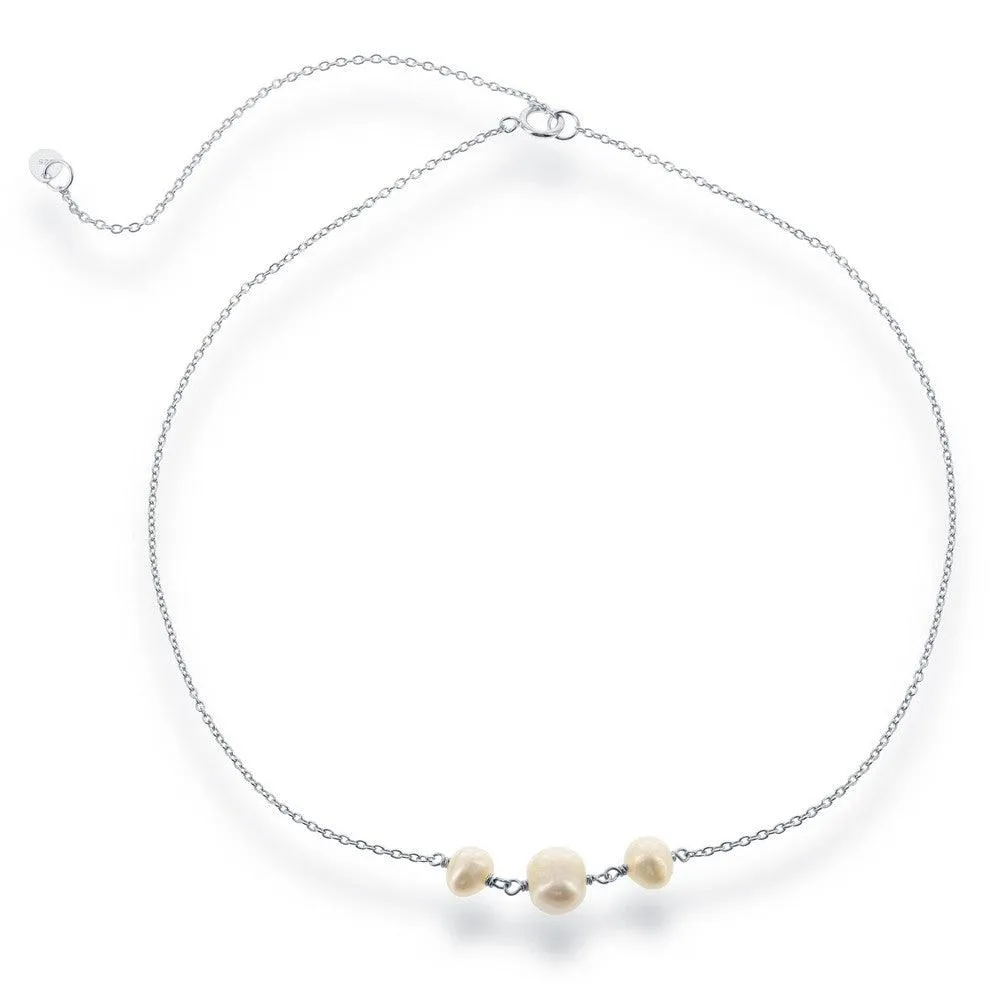 Sterling Silver Three Station Freshwater Pearls Choker Necklace