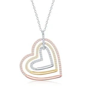 Sterling Silver Tri Color Triple Open CZ Heart Necklace