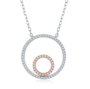 Sterling Silver TT Double Open Circle with CZ Border Necklace