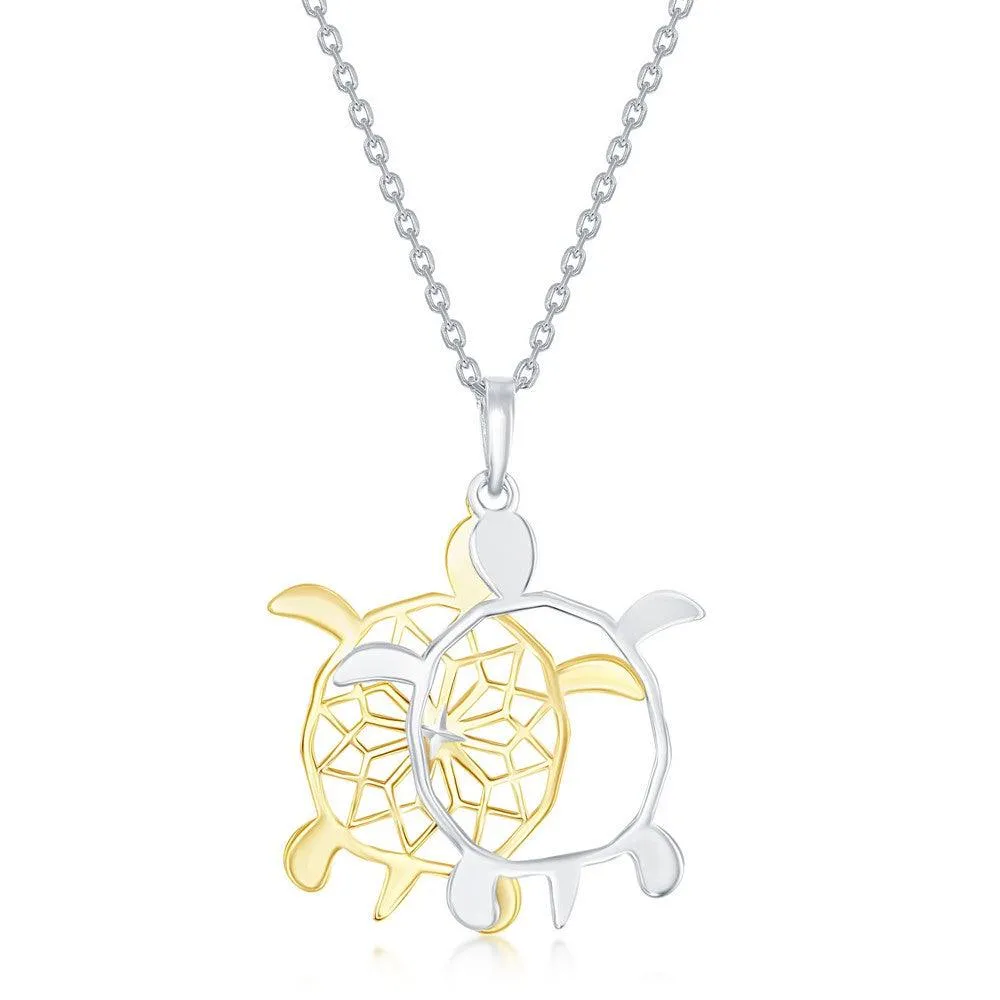 Sterling Silver Two-Tone Fancy Diamond-Cut Design Sea Turtle Necklace