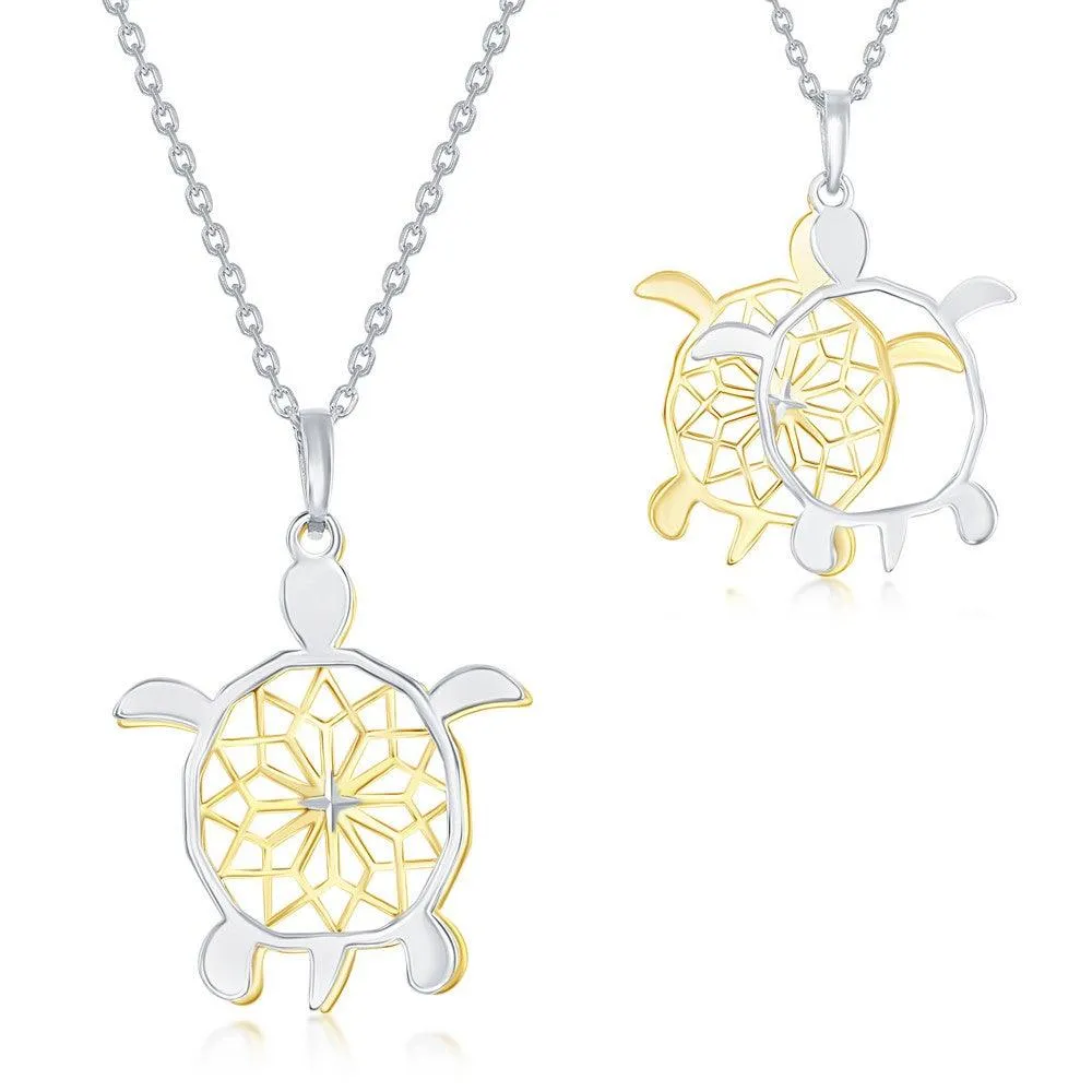 Sterling Silver Two-Tone Fancy Diamond-Cut Design Sea Turtle Necklace