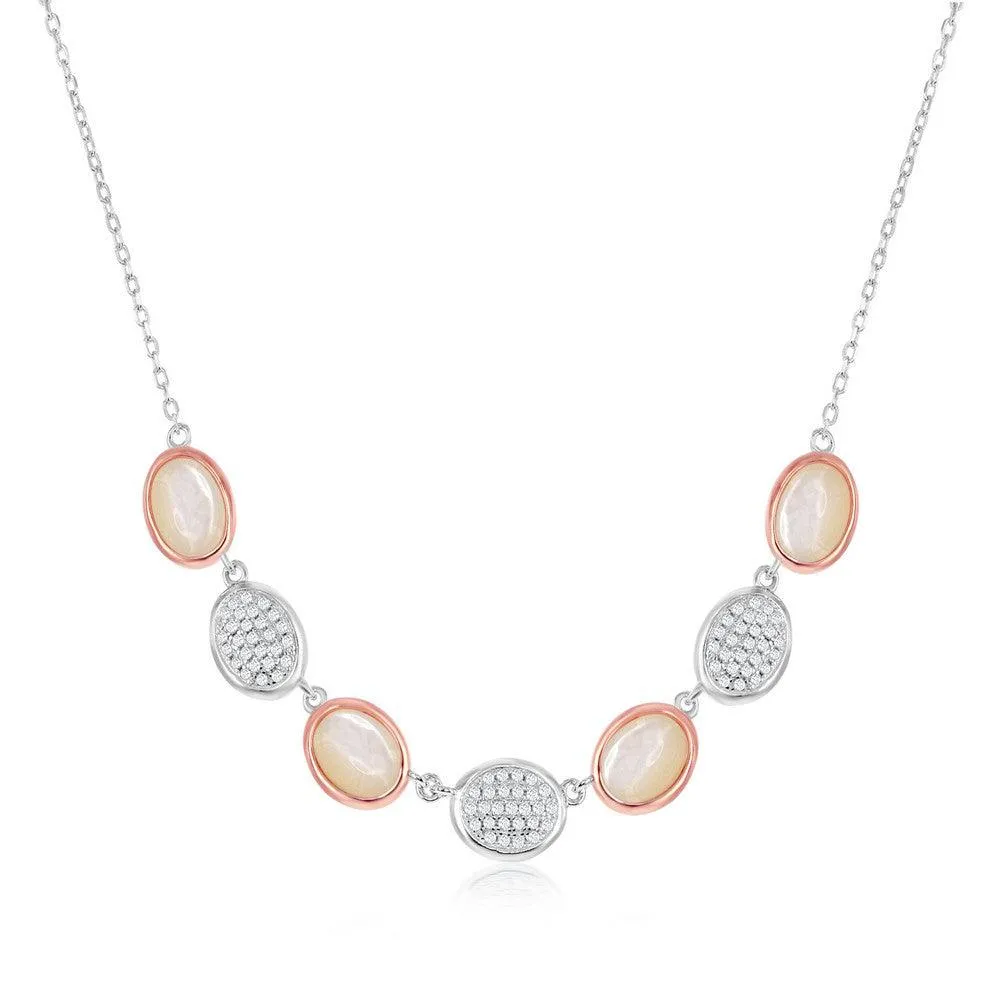 Sterling Silver Two-Tone Oval Micro Pave and MOP Necklace