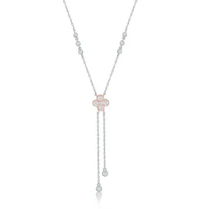 Sterling Silver Two-Tone Rose Gold Plated CZ Flower with Bezel-Set CZ Lariat Necklace