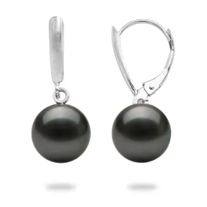 Tahitian Black Pearl Earrings in White Gold - 9-10mm