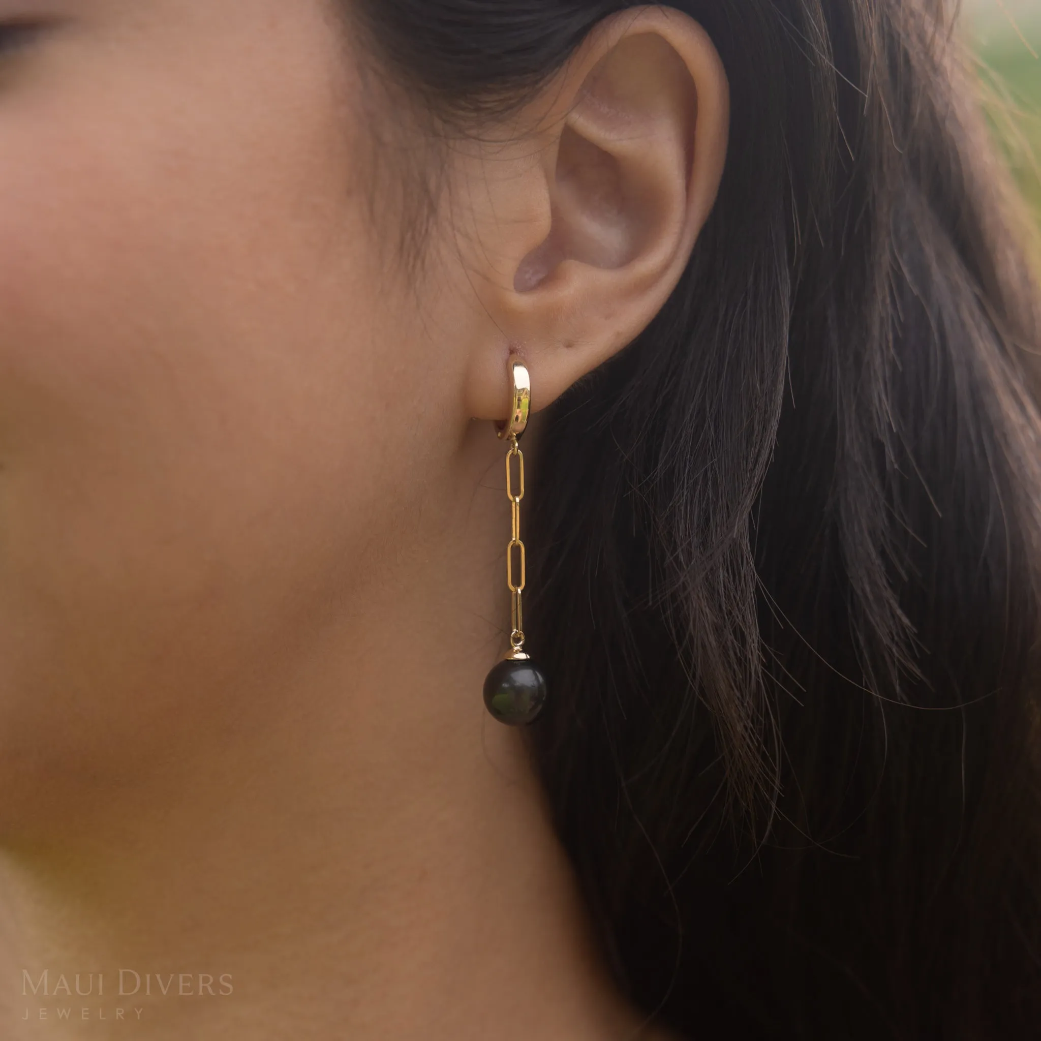 Tahitian Black Pearl Paperclip Chain Earrings in Gold - 9-11mm