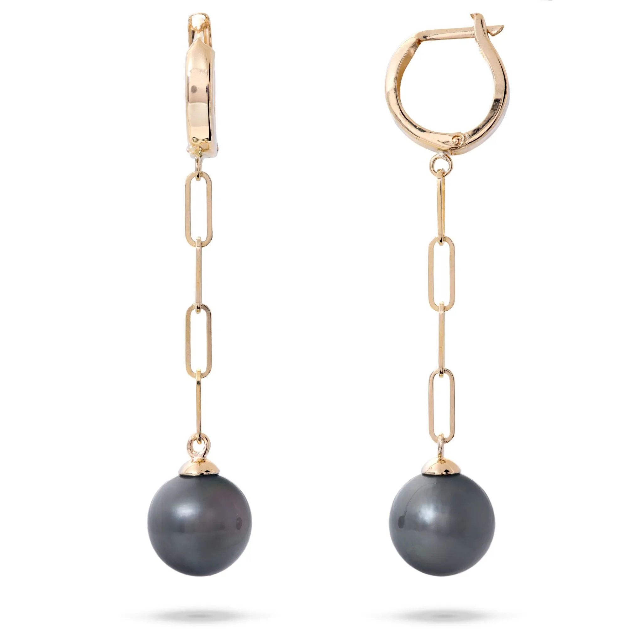 Tahitian Black Pearl Paperclip Chain Earrings in Gold - 9-11mm