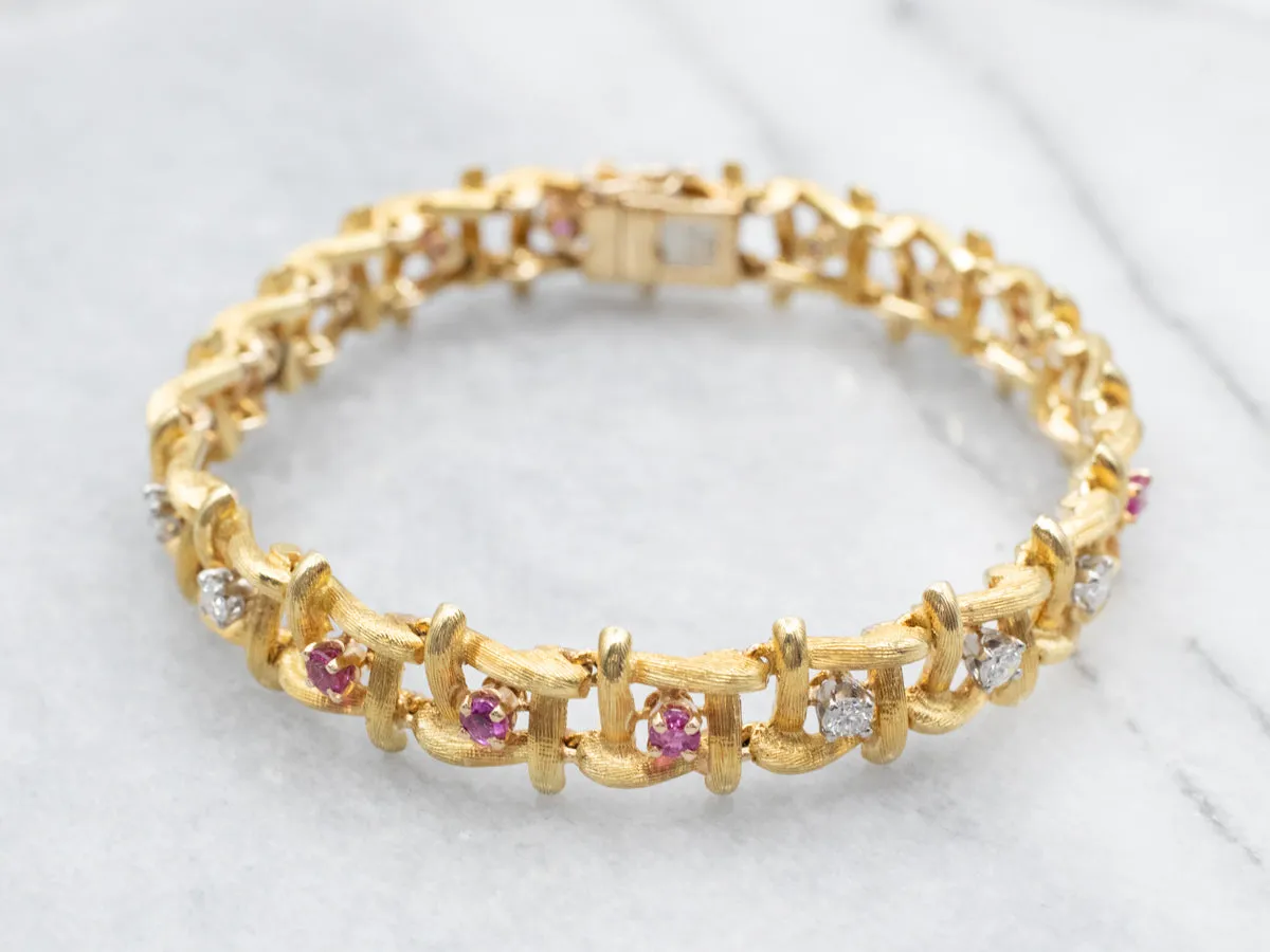 Textured Gold Ruby and Diamond Link Bracelet