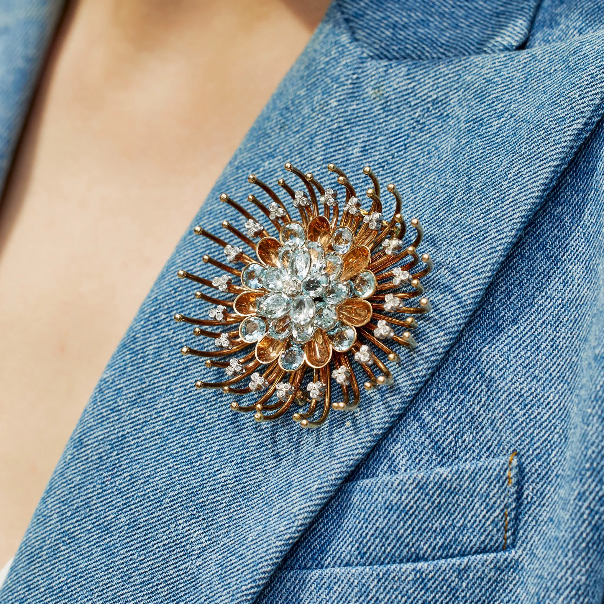 Tiffany & Co. 1940s Aquamarine and Diamond Chrysanthemum Brooch