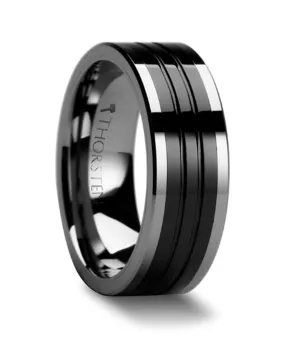 Tungsten ??Edinburgh?? 8mm Flat Grooved Black Ceramic Inlay Wedding Band