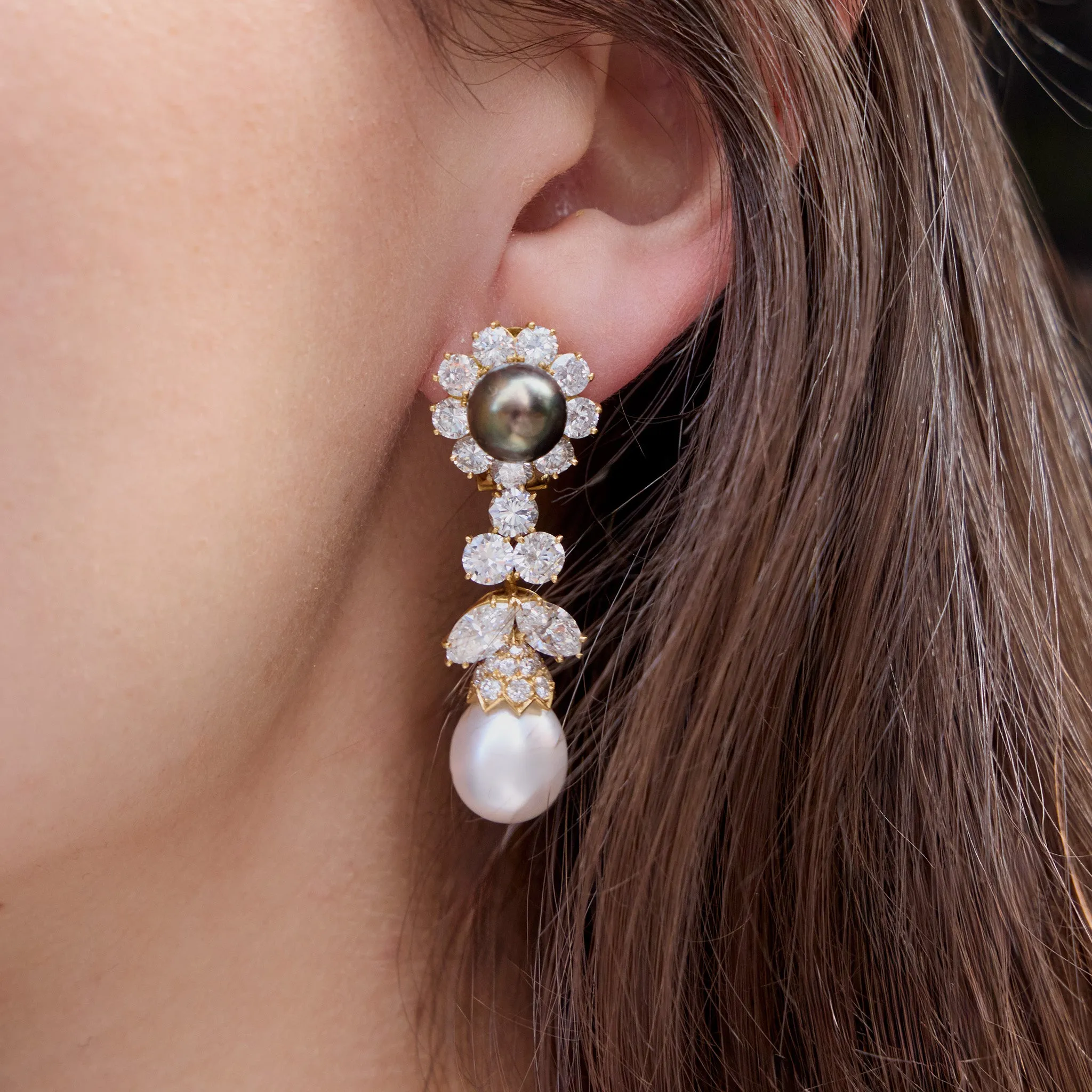 Van Cleef & Arpels Diamond and Pearl Clip Earrings