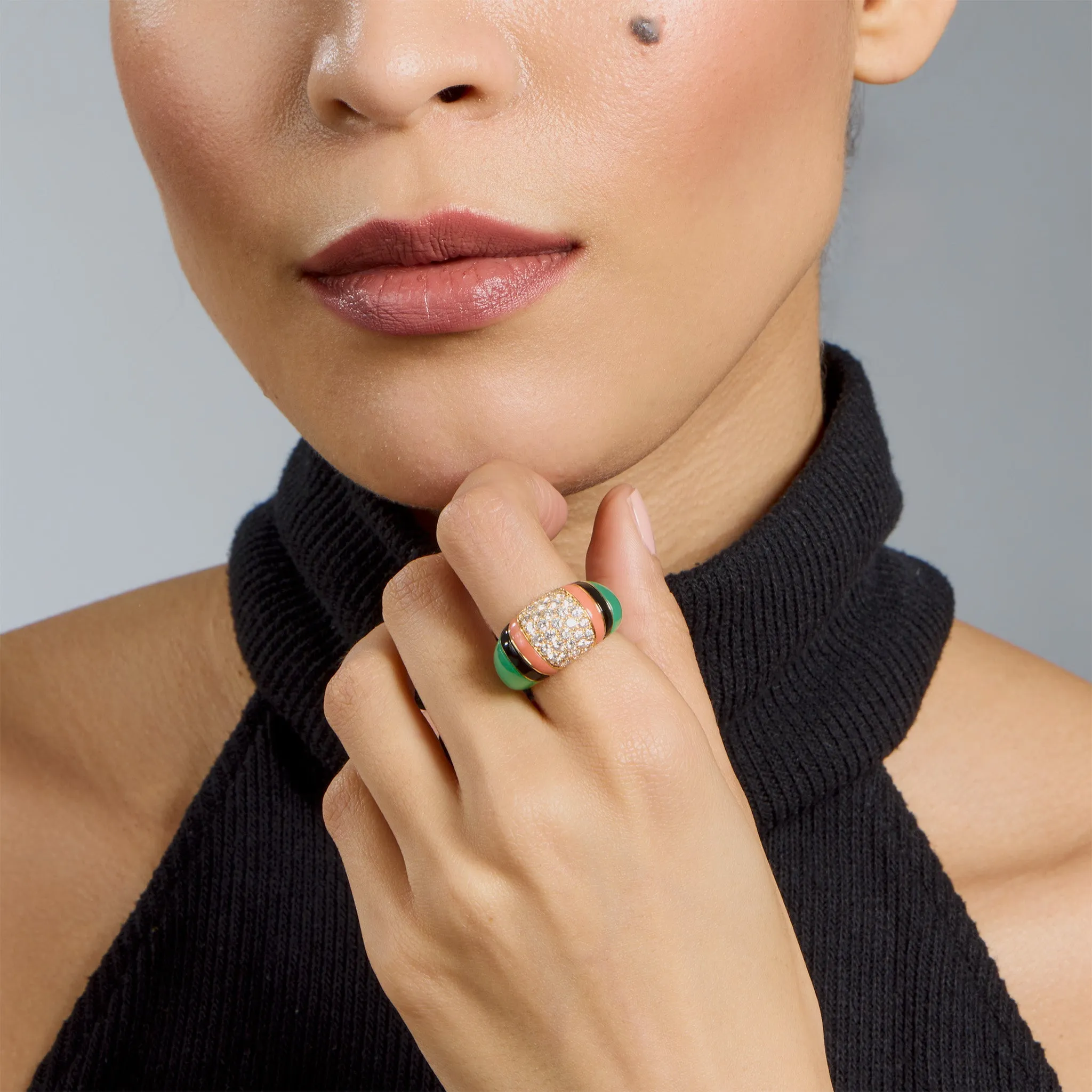 Van Cleef & Arpels Diamond, Chrysoprase and Coral Bomb Ring