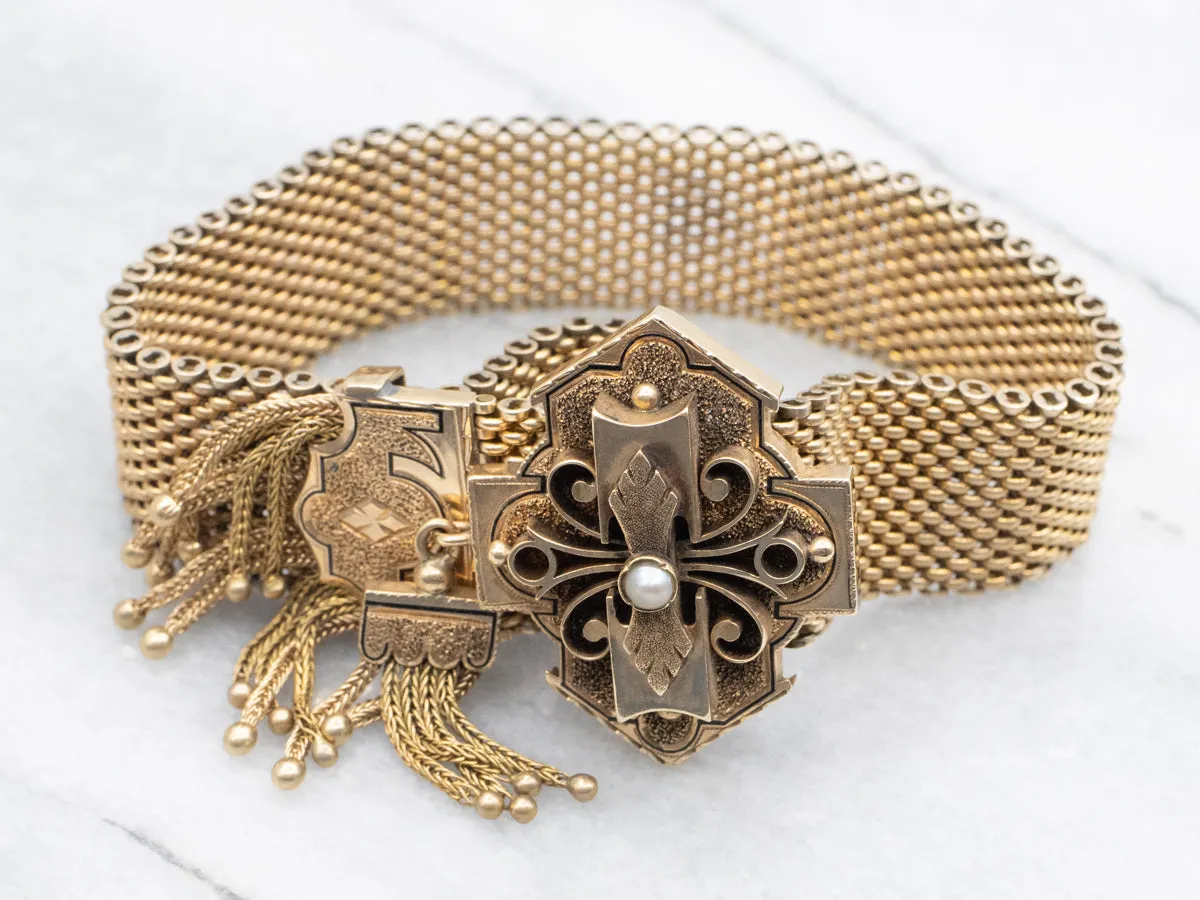 Victorian Seed Pearl Enamel and Gold Tassel Bracelet