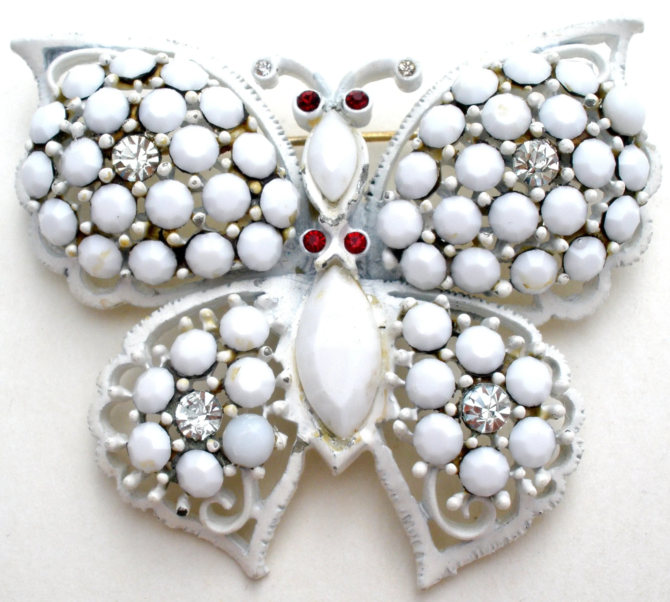Weiss Milk Glass Rhinestone Butterfly Brooch Pin Vintage
