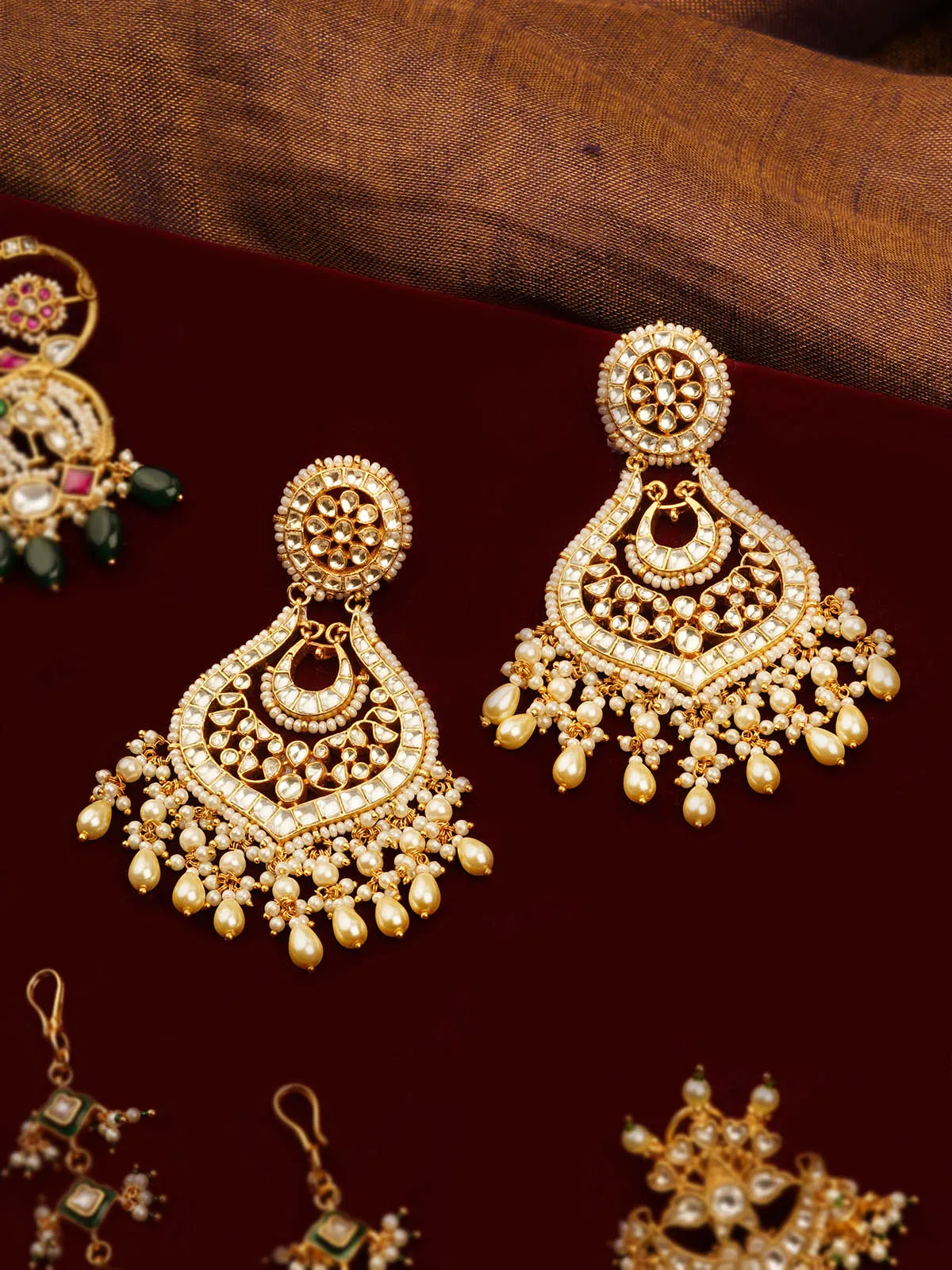 White Color Gold Plated Jadau Kundan Earrings - ME1308